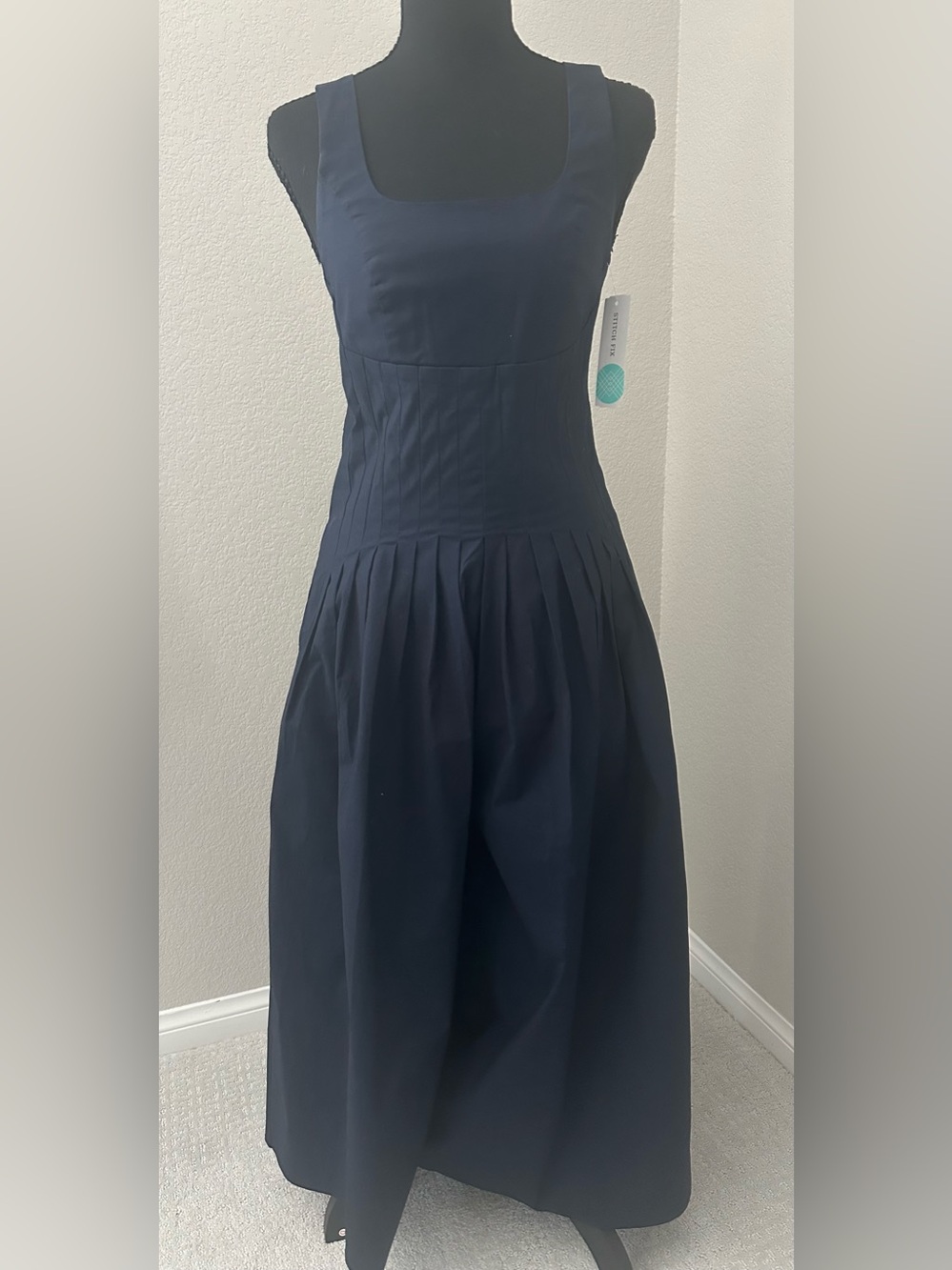 Astr Navy Wide-Leg Sleeveless Jumpsuit with Pleated Waist